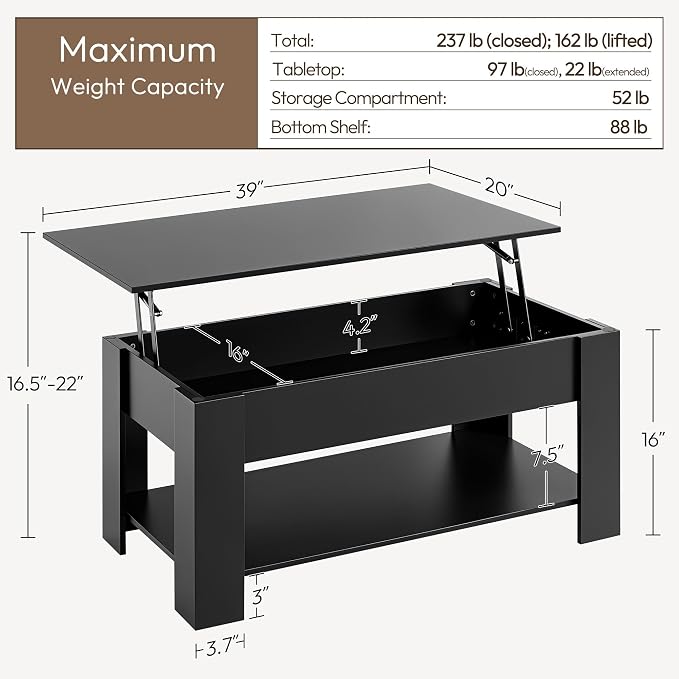 Yaheetech Wooden Coffee Table, Lift Top Coffee Table - Image 3