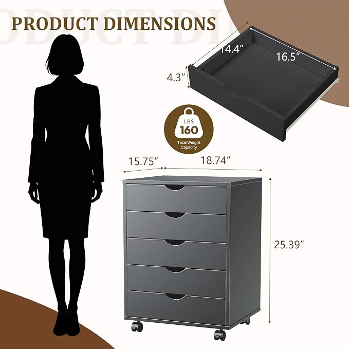 5 Drawer File Cabinet with Wheels, Under Desk Storage Drawers, Office - Image 3