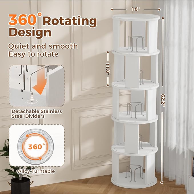 5 Tier Rotating Bookshelf Tower, 360° Display Round Bookcase, Floor Standing - Image 2