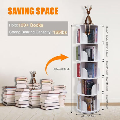 5 Tier Rotating Bookshelf Tower, 360°Spinning Bookshelf Tower, Round Revolving - Image 2