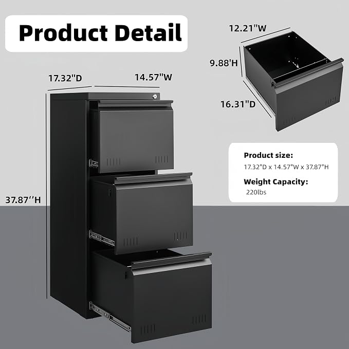 Metal File Cabinet with Lock, Vertical 3 Drawer File Cabinets - Image 2