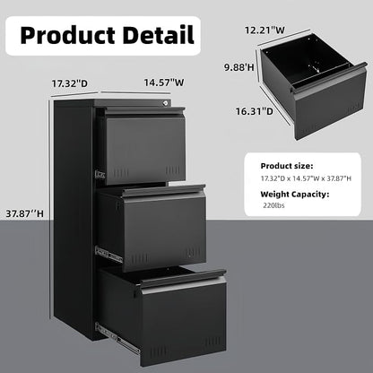 Metal File Cabinet with Lock, Vertical 3 Drawer File Cabinets - Image 2