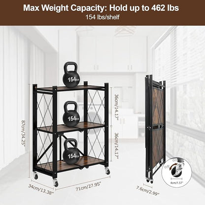 3 Tier Folding Shelf with Wheels, Wood and Metal Bookshelf | No Assembly - Image 2