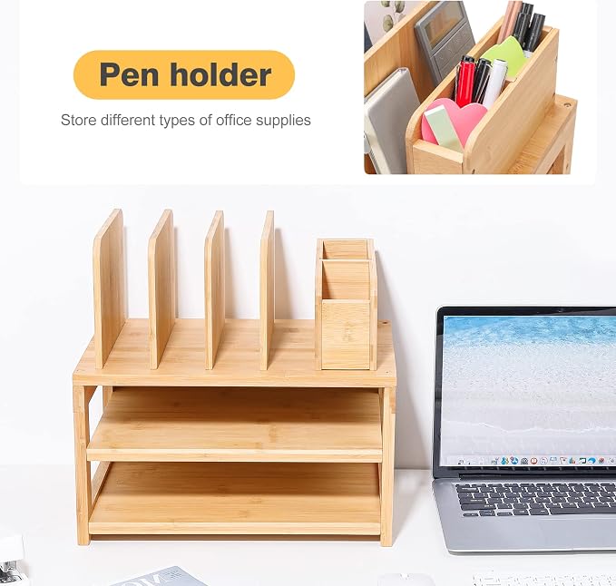 Homde Desk Organizer with File Holder: 3-Tier Bamboo Organization - Image 4