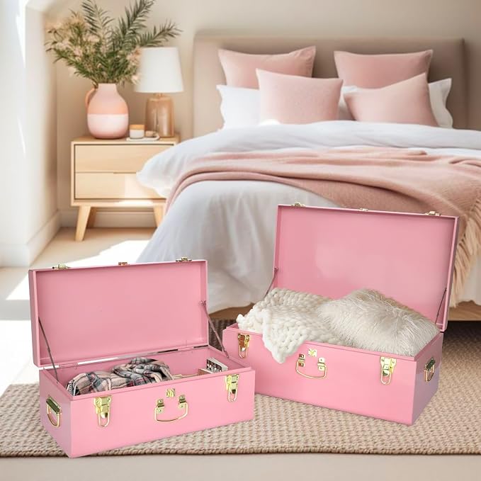Vixdonos Decorative Large Metal Box Storage Trunk Chest Set of 2 College Dorm - Image 4