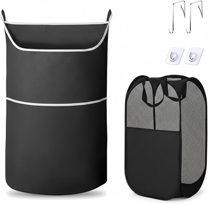 2-in-1 XL Hanging Laundry Hamper Bag 36x22in + Pop Up Mesh Laundry Basket | by Unknown