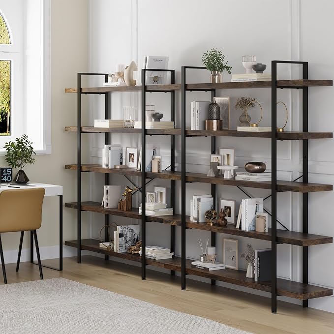 Heavy Duty 5-Tier Industrial Bookcase, 120lbs Shelf Capacity, Rustic Open - Image 9