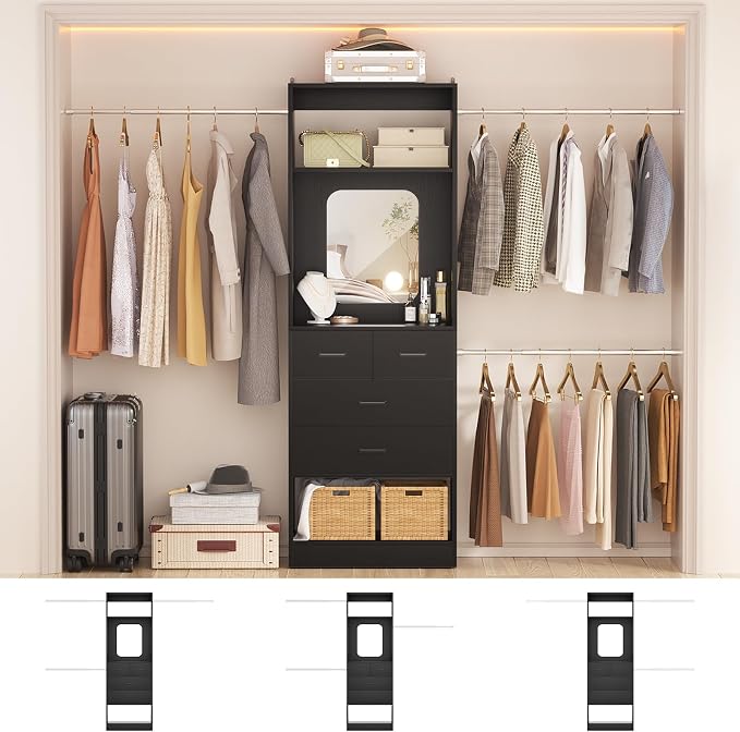 Unikito 8FT Closet System with Mirror and 3 Extendable Hanging Rods, 4 Wood - Image 6