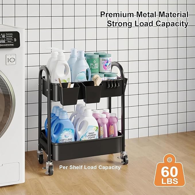 2 Tier Rolling Cart Metal on Wheels, Two Tiered Short Storage Side Table - Image 5