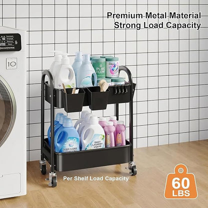 2 Tier Rolling Cart Metal on Wheels, Two Tiered Short Storage Side Table - Image 5