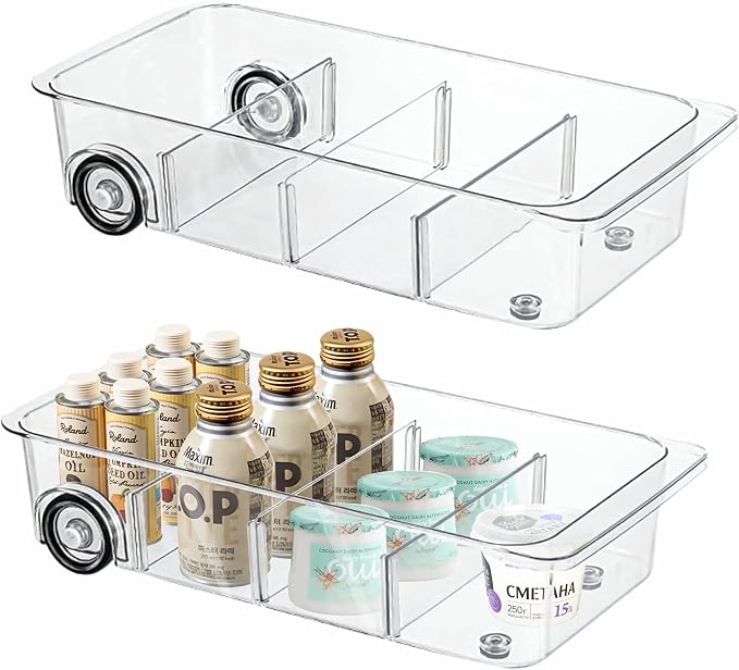 MANO 2 Pack Divided Rolling Refrigerator Tray Clear Roll Out Fridge Caddy by MANO