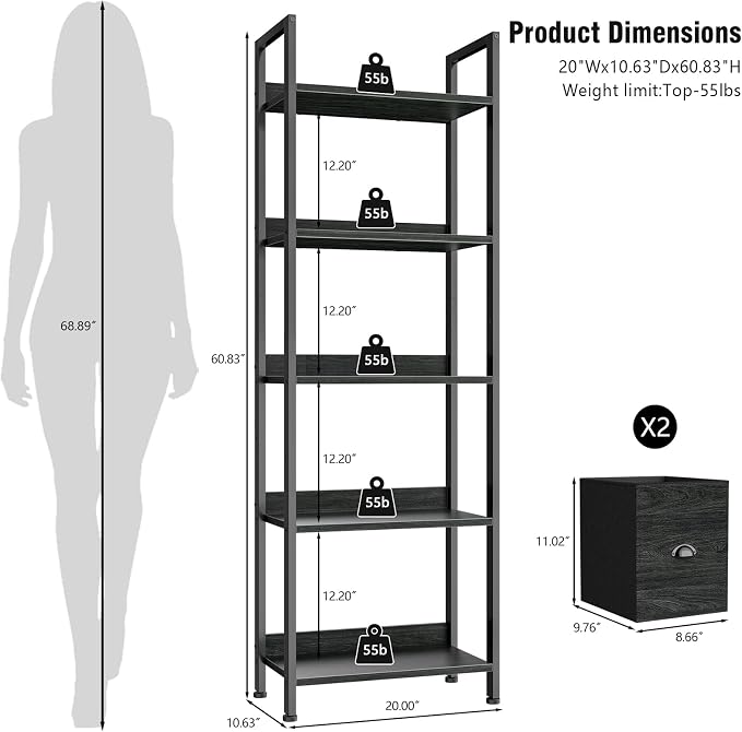 Furologee 5-Tier Bookshelf Set of 2, Tall Bookcase - Image 3