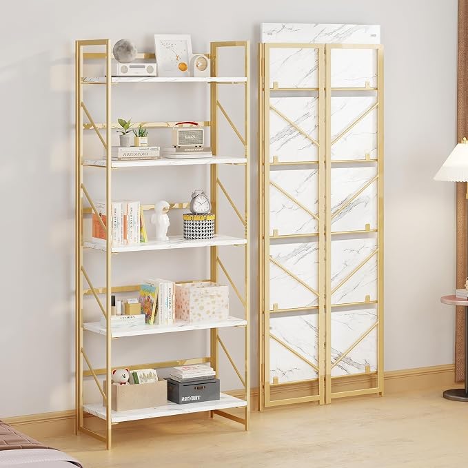 JSB 5 Tier No Assembly Folding Bookshelf, Foldable Storage Bookcase - Image 4