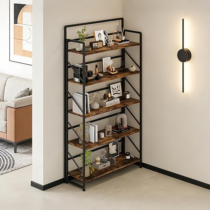 JSB Folding Bookshelf, Industrial Storage Shelves, No Assembly Vintage Wood - Image 8