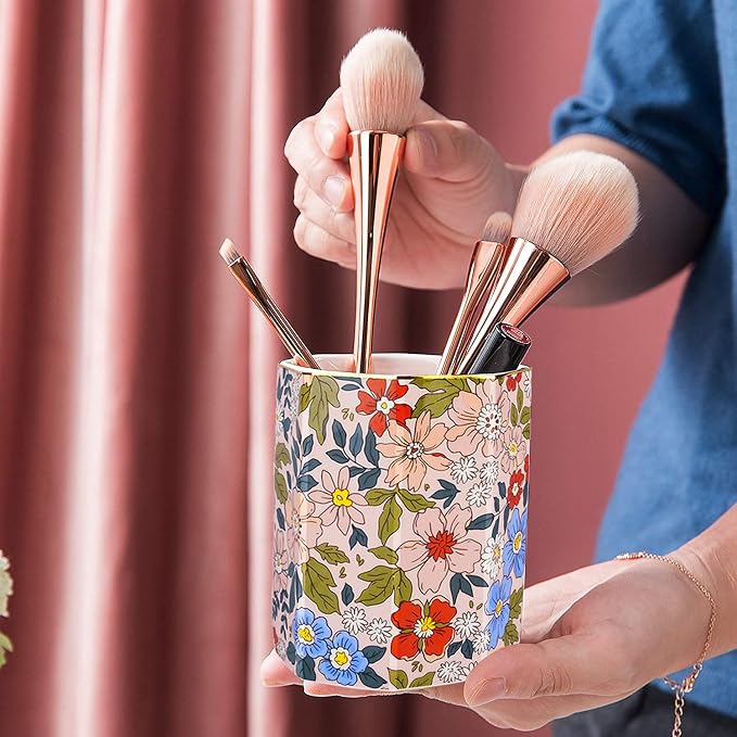 Jwest Pen Holder, Makeup Brush Holder Ceramic Shiny Gold Vintage Floral Flowers - Image 3