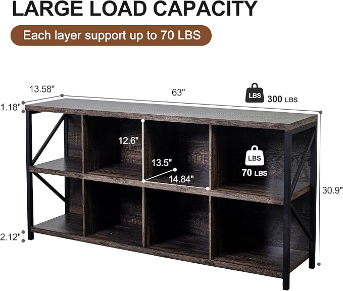 8 Cube Storage Organizer Bookshelf, Industrial Horizontal Bookcase, Accent - Image 2