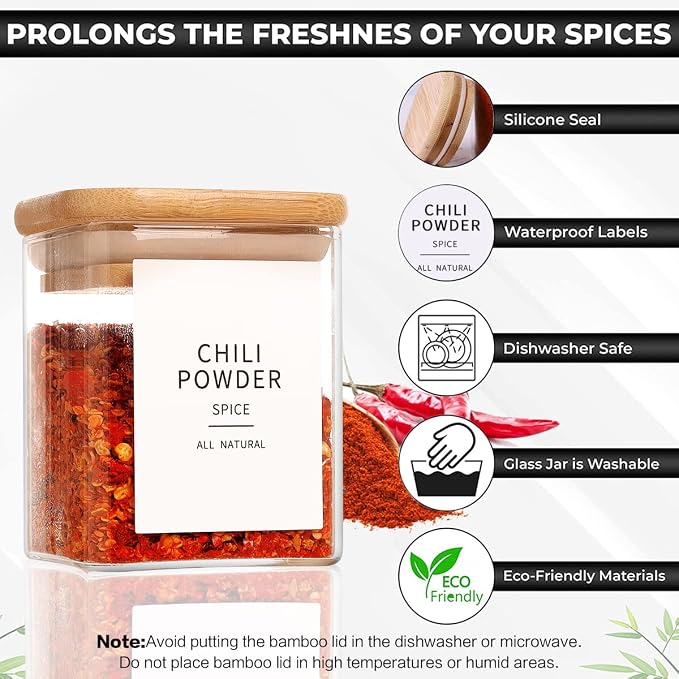 HHMJSM 12 Pcs Square Glass Spice Jars - 5oz Airtight Herb Containers with 148 - Image 5