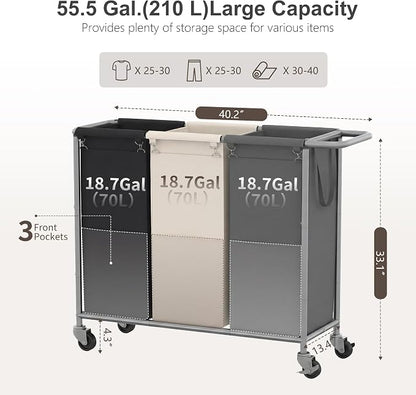 Heybly 3-Section Laundry Sorter Hamper, Rolling Laundry Hamper - Image 7