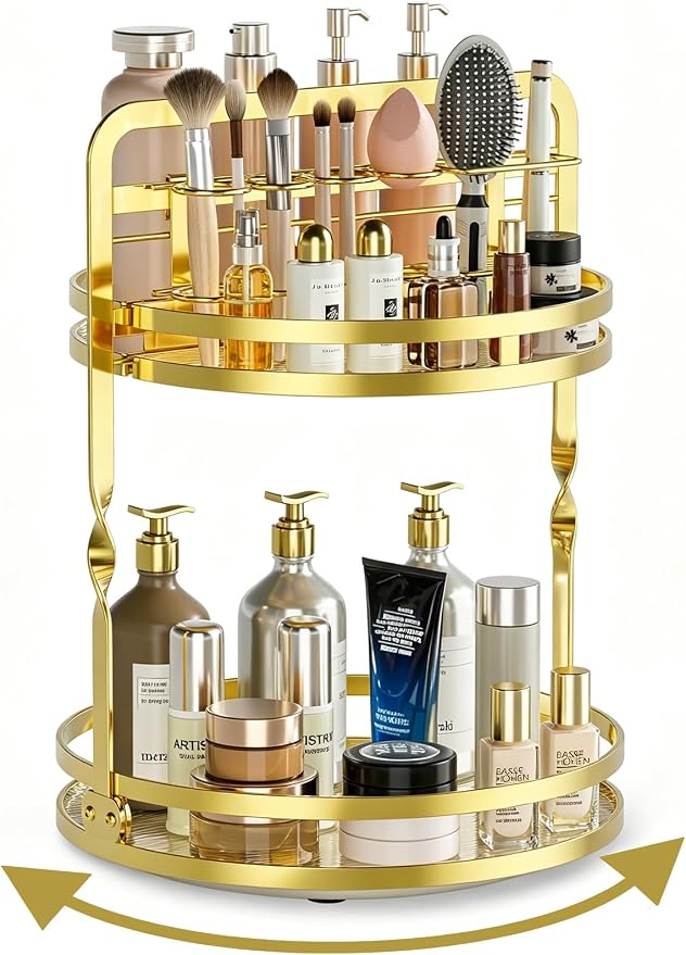 360° Rotating Makeup Organizer, 2-Tier Gold Perfume Organizer by DUANFEE