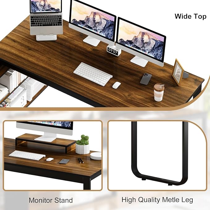 55 Inch L Shaped with Storage Shelves, Corner Computer Desk with Drawers - Image 4