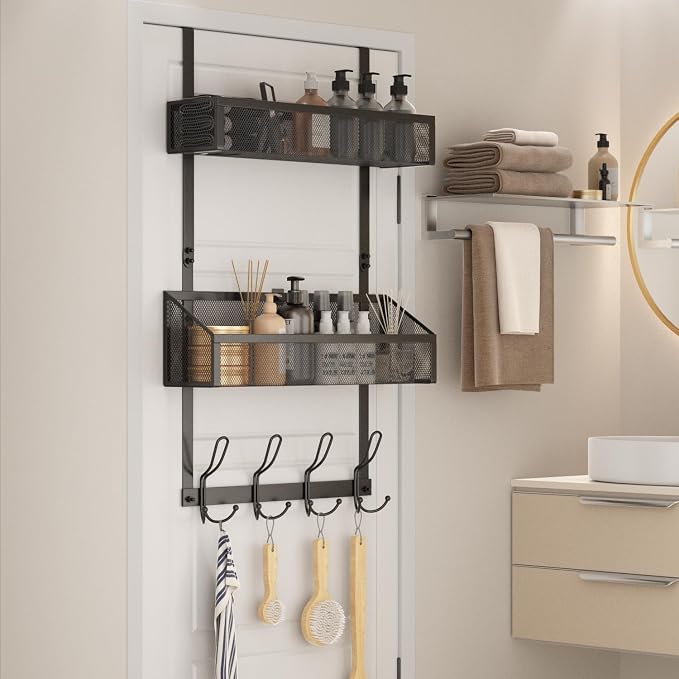 2-Tier Over Door Hook & Basket Organizer 12 Hooks + 2 Mesh Baskets - Image 8