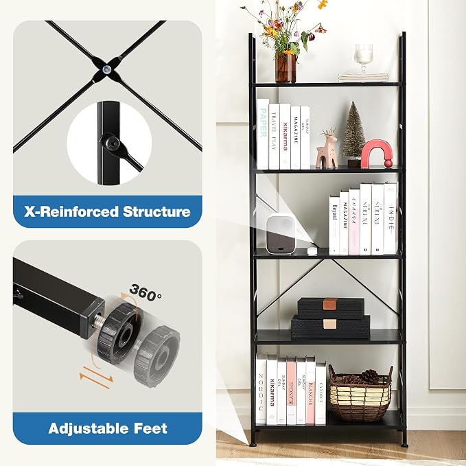 DUMOS 5 Tiers Open Bookshelf, Classic Freestanding Tall Display Shelf, Sturdy - Image 6