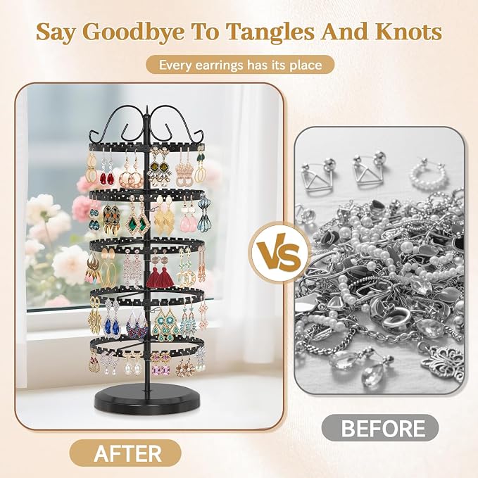 MODOWEY 5 Tier Rotating Earring Holder Organizer Stand, Adjustable Metal - Image 6