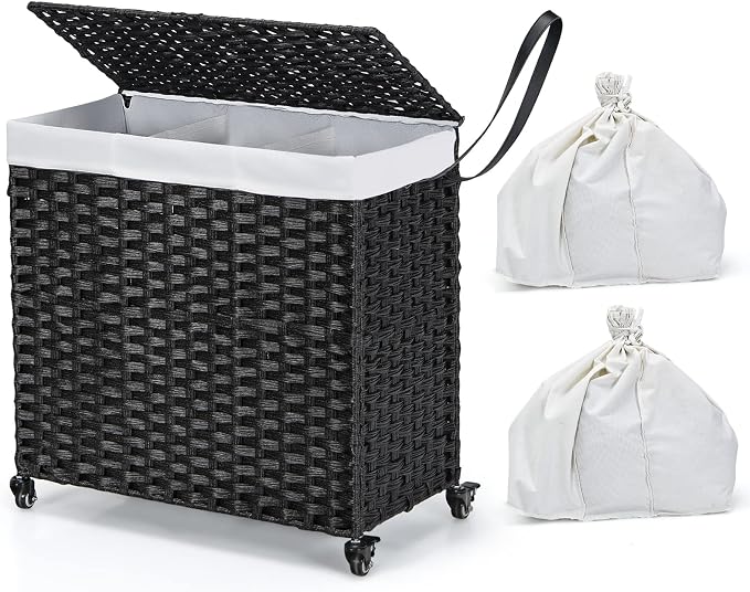 Giantex Laundry Hamper with Wheels and Lid, 125L Rattan Clothes Hamper with 2 by Giantex