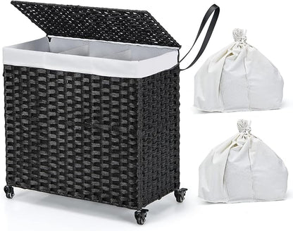 Giantex Laundry Hamper with Wheels and Lid, 125L Rattan Clothes Hamper with 2 by Giantex