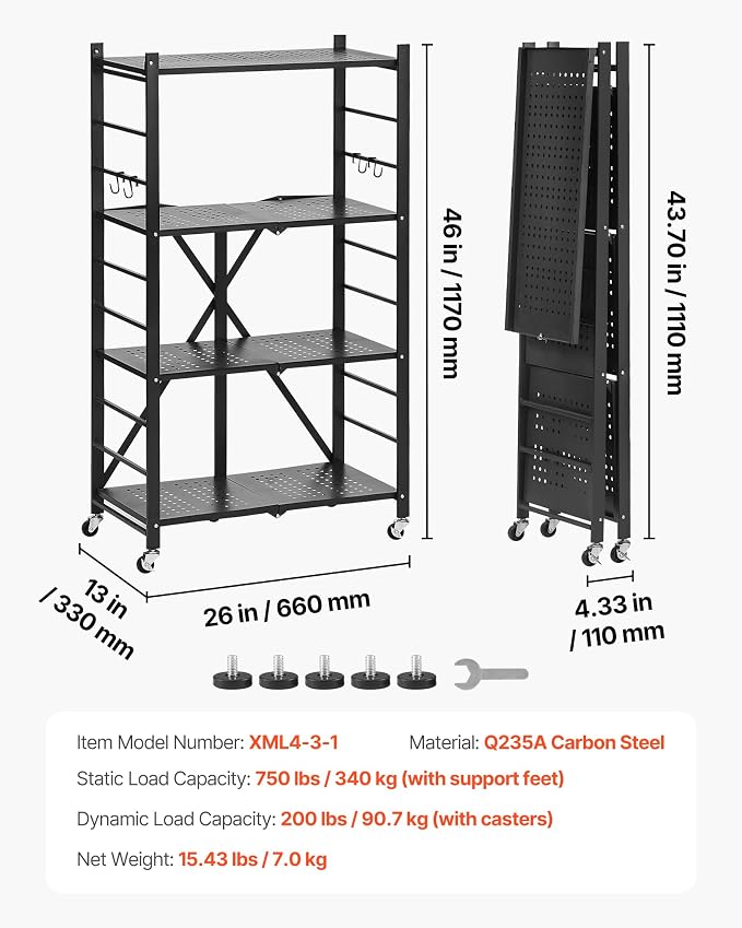 VEVOR 4-Tier Foldable Storage Shelf, 26W x 13D x 46H Inch Folding Metal Rack - Image 3