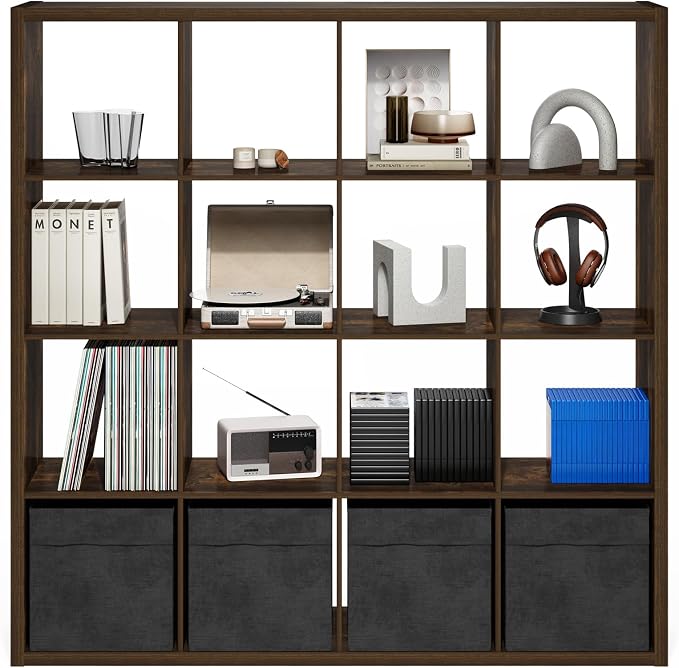 Furinno Cubicle 16-Cube Book Shelf, Extra Thick Frame Bookshelf, Amber Pine | - Image 8