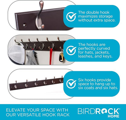 BIRDROCK HOME Oval Hook Coat and Hat Rack | 6 Hooks| Wall Mount | Brown Finish - Image 6