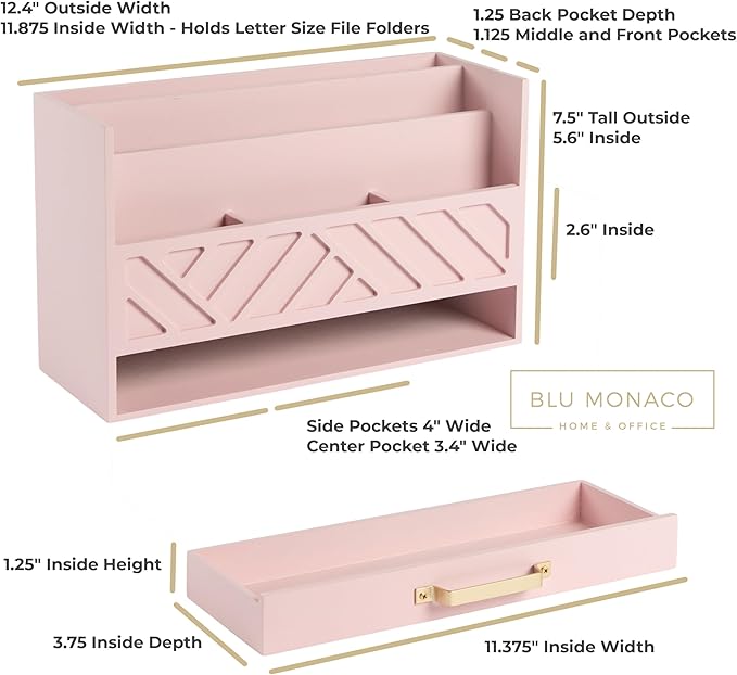 BLU MONACO | Pink Desk Organizers Wooden Mail Organizer - Image 2