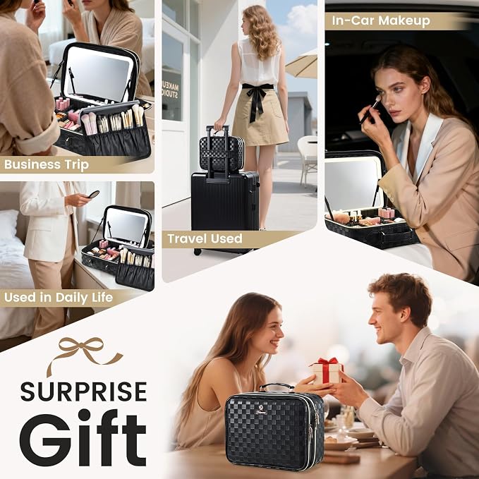 Makeup Bag with LED Lighted Mirror 12.2 IN Travel Double Layer Makeup Case - Image 8