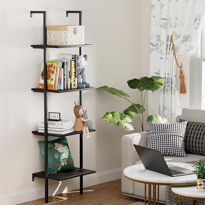 Ladder Shelf 4 Tiers Metal Industrial Bookshelf, Wall Mount Wide Book Case - Image 5
