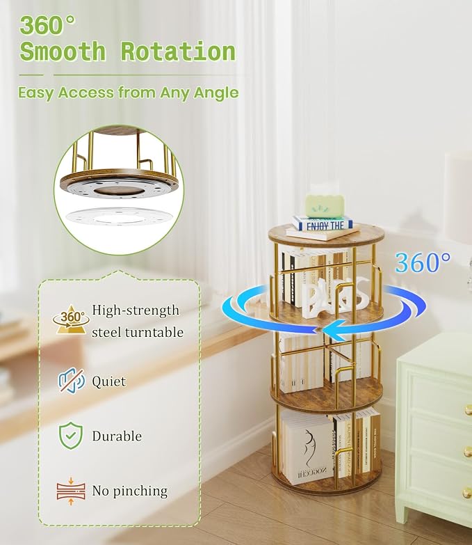 3 Tier Rotating Bookshelf Tower Round Gold, 37” Floor Standing Spinning - Image 3