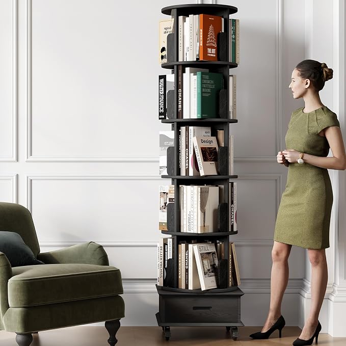 Solid Wood Rotating Bookshelf Tower on Wheels, 5-Tier Spinning Bookcase - Image 3