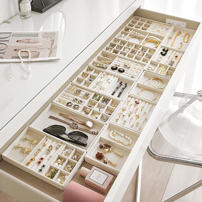 10 Pack Jewelry Organizer Tray Drawer Inserts Stackable Velvet Liner Dividers - Image 2