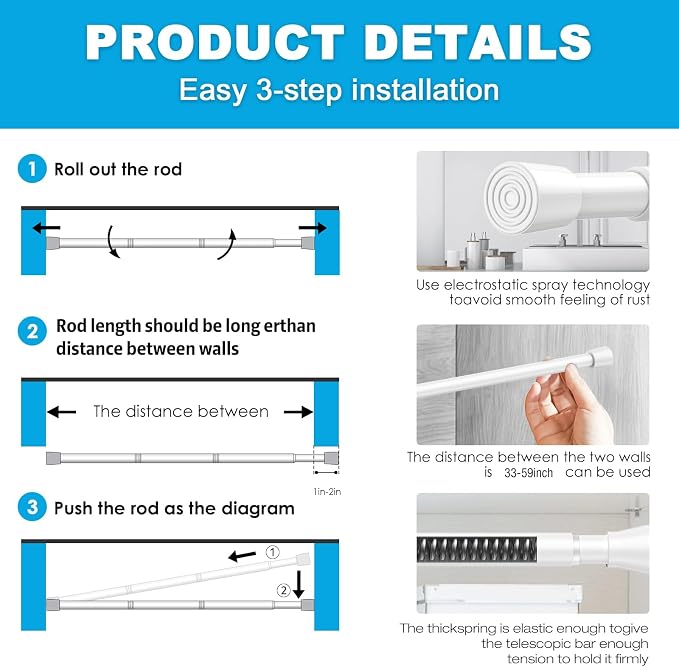 2 Pack Spring Tension Rod, Adjustable 33-59 Inch No Drill, Fits Windows Kitchen - Image 8