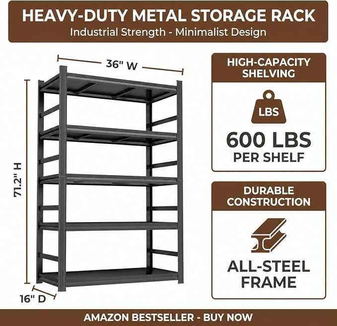 5 Tier Metal Bookshelf, Adjustable Tall Bookcase, Heavy Duty 3000 LBS Modern - Image 3