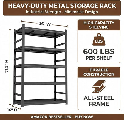 5 Tier Metal Bookshelf, Adjustable Tall Bookcase, Heavy Duty 3000 LBS Modern - Image 3