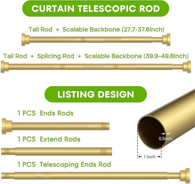 Tension Curtain Rod for Windows 28-48 Inch Curtain Rods No Drilling Gold - Image 2