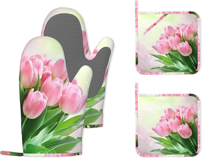 Pink Tulips Romantic Silicone Oven Mitts and Pot Holders, Heat-Resistant 4 by Unknown