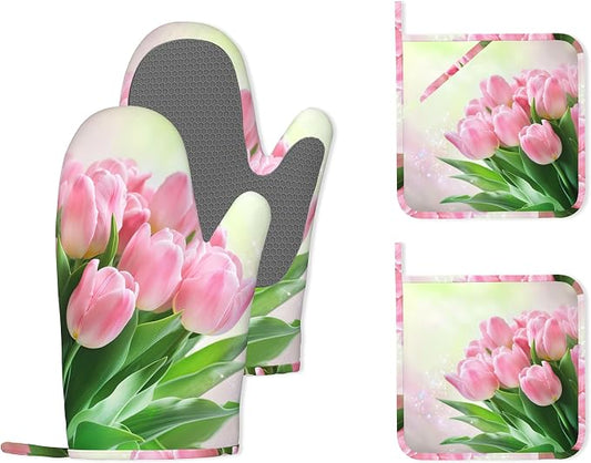 Pink Tulips Romantic Silicone Oven Mitts and Pot Holders, Heat-Resistant 4 by Unknown