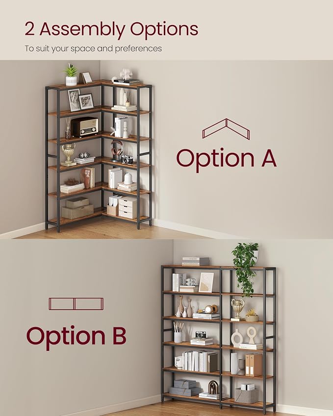 VASAGLE 6 Tier Bookshelf with Metal Frame, Convertible Industrial Corner Shelf - Image 4