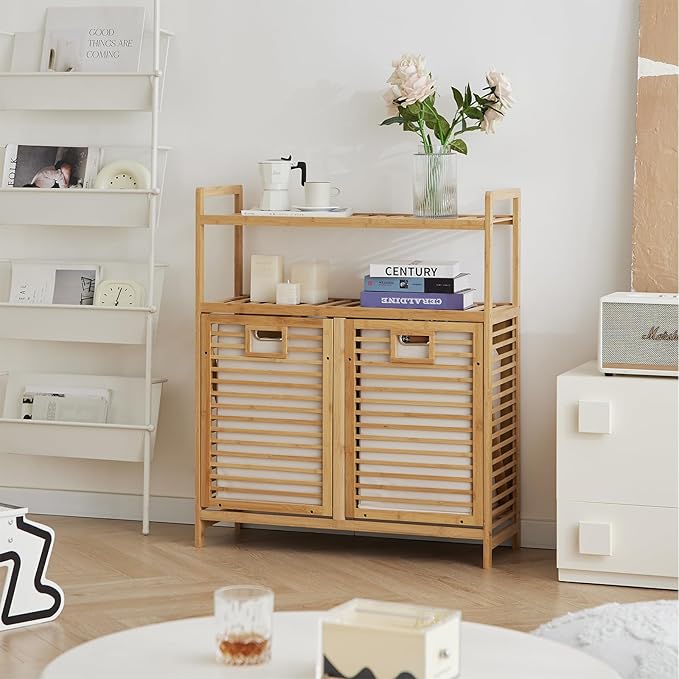 Double Tilt Out Laundry Hamper, Bamboo Hamper by Baveke