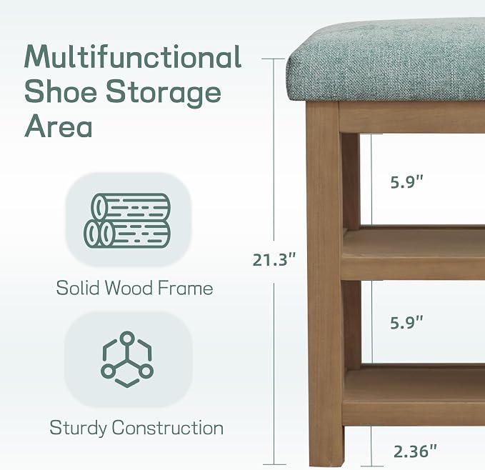 Zihanhome Shoe Rack Bench with Cushion, 2 Tier Solid Wood Storage Bench - Image 5