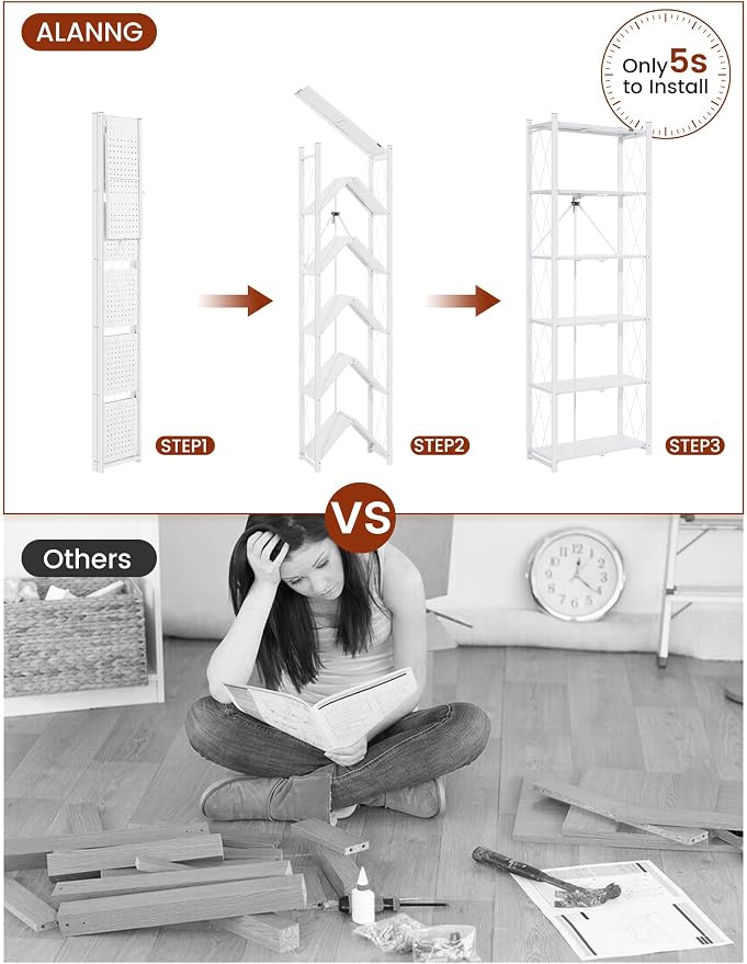 ALANNG 73.6 Inch Folding Bookshelf, 6 Tier Metal Bookcase and Bookshelves | - Image 4
