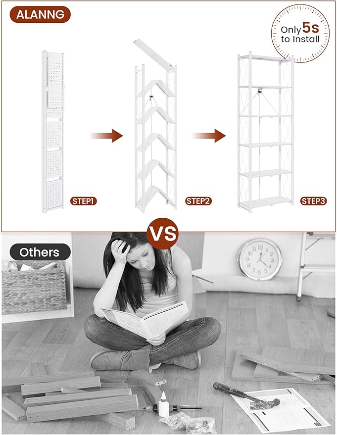 ALANNG 73.6 Inch Folding Bookshelf, 6 Tier Metal Bookcase and Bookshelves | - Image 4