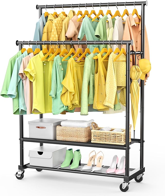 Double Rods Clothes Rack for Hanging Clothes, Heavy Duty Rolling Clothing Rack by StrongShelfSmarterStorage